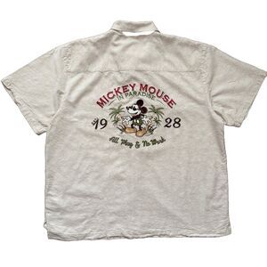 Disney Parks Mickey In Paradise Embroidered Button Up Hawaiian Shirt XL Cream